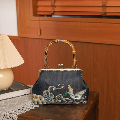 Buddhist Blessing Auspicious Clouds Cranes Embroidery Bamboo Handle Handbag Crossbody Bag