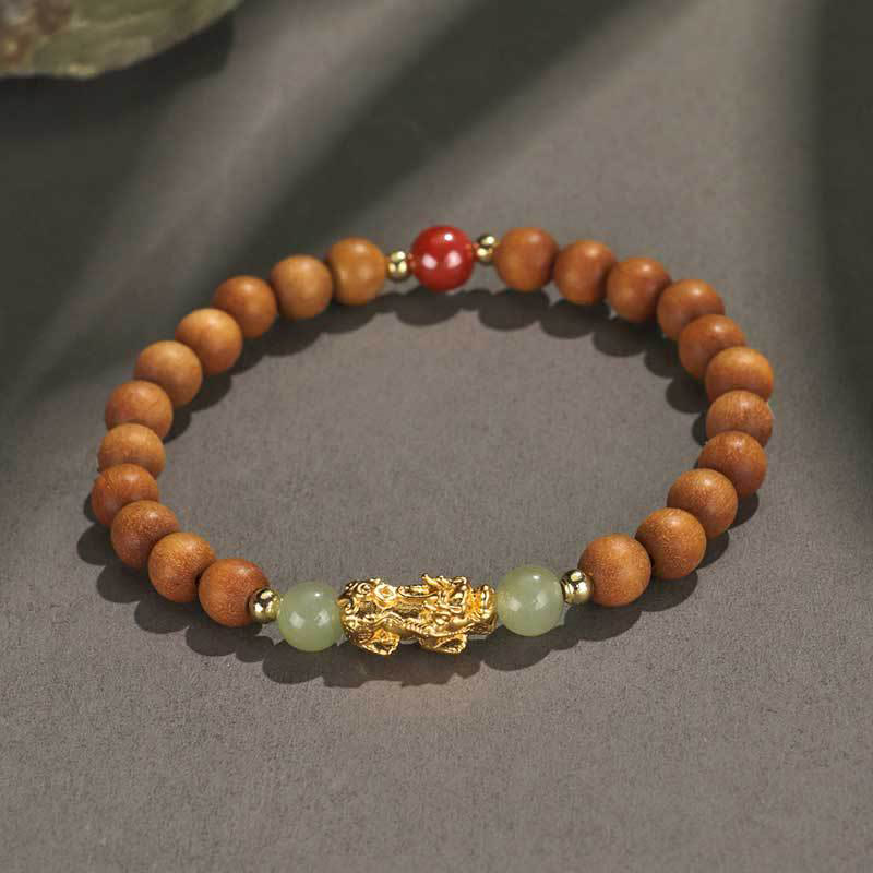 Buddhist Blessing 999 Sterling Silver Sandalwood Ebony Wood Small Leaf Red Sandalwood Hetian Jade Cinnabar PiXiu Wealth Bracelet