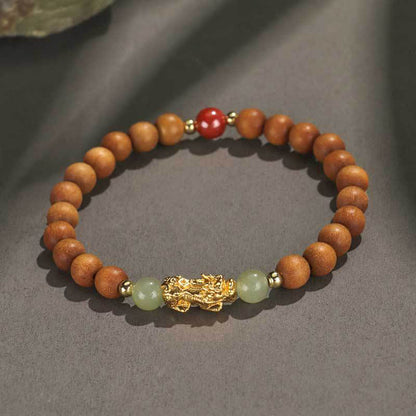 Buddhist Blessing 999 Sterling Silver Sandalwood Ebony Wood Small Leaf Red Sandalwood Hetian Jade Cinnabar PiXiu Wealth Bracelet