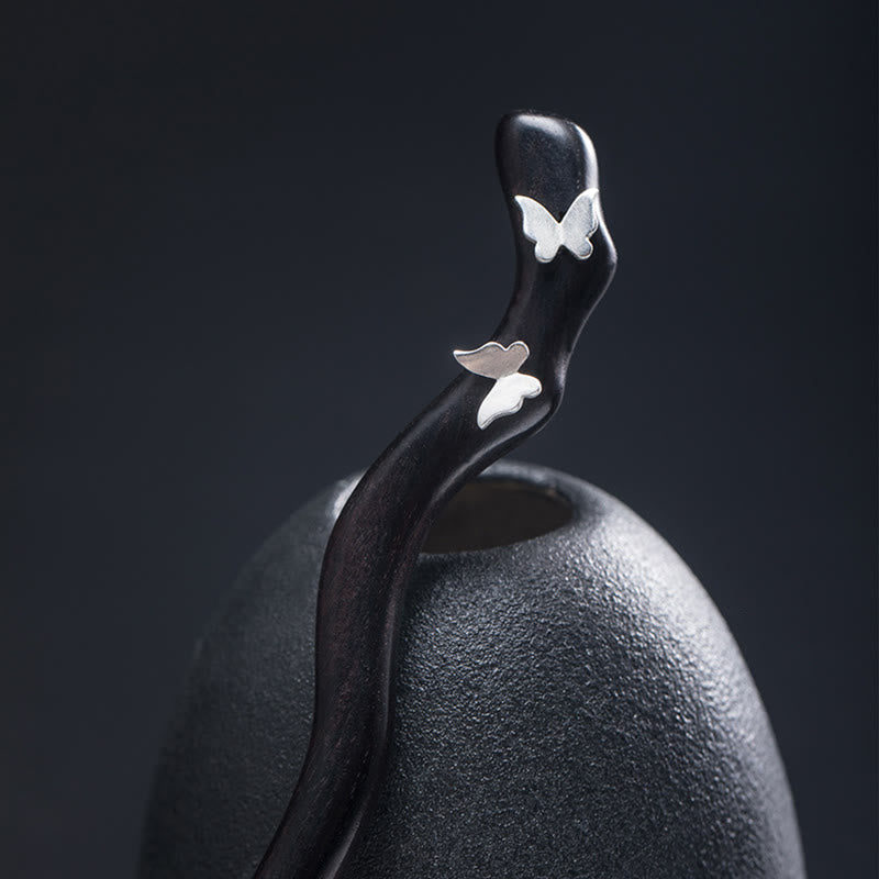 Buddhist Blessing 925 Sterling Silver Classical Chinese Style Ebony Butterfly Relax Hairpin