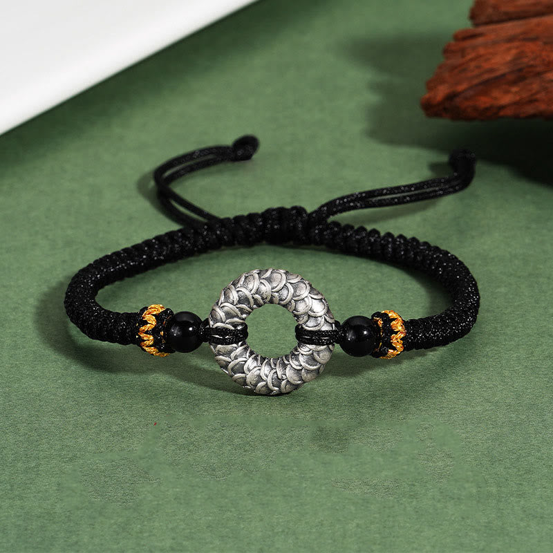 Buddhist Blessing Handmade Black Onyx 999 Sterling Silver Peace Buckle Dragon Black String Luck Braided Bracelet