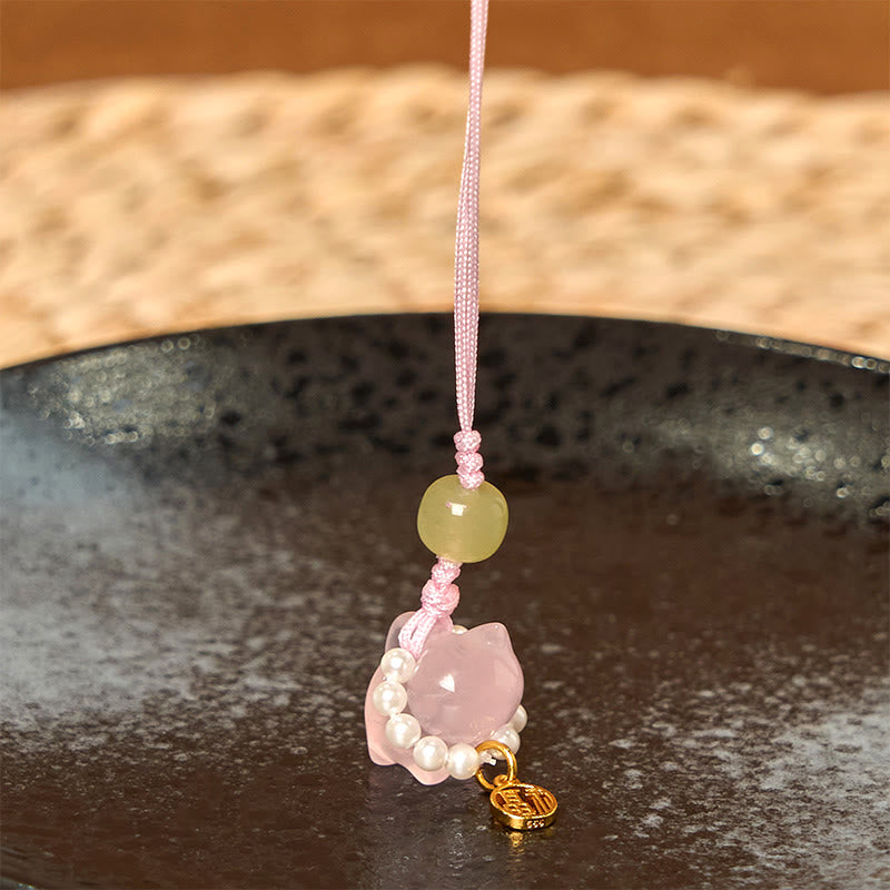 Buddhist Blessing Pink Crystal Amethyst Citrine Pearl Fu Character Lucky Kitten Warmth Phone Hanging Decoration