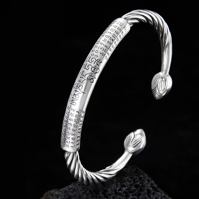 Buddhist Blessing 999 Sterling Silver Six True Words Heart Sutra Braided Design Lotus Protection Bracelet Bangle