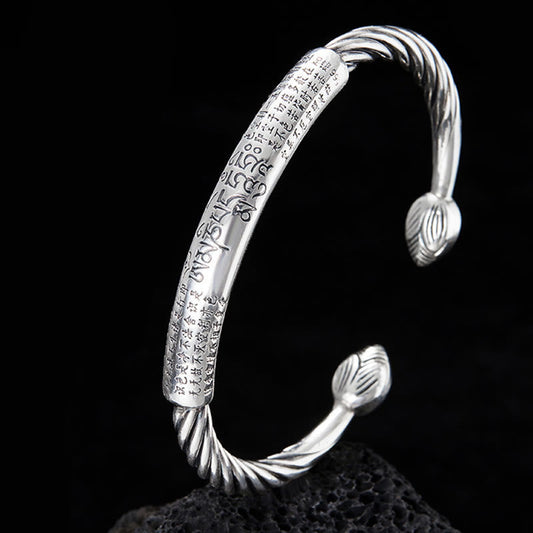 Buddhist Blessing 999 Sterling Silver Six True Words Heart Sutra Braided Design Lotus Protection Bracelet Bangle