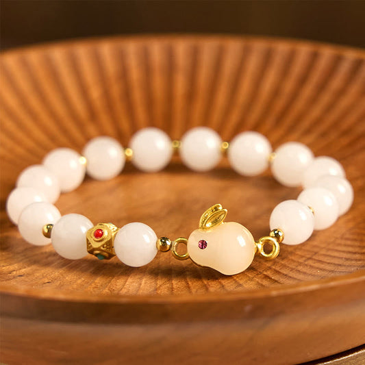 Buddhist Blessing Golden Silk Jade Cute Rabbit Luck Bracelet