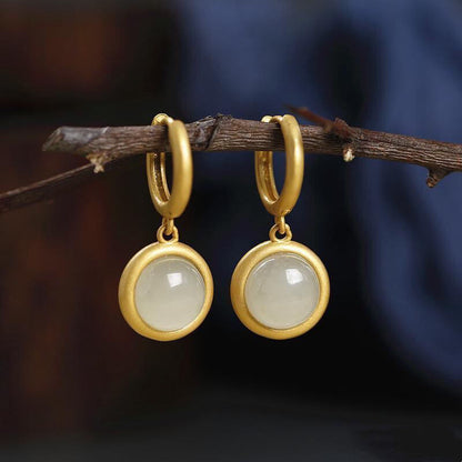 Buddhist Blessing 925 Sterling Silver White Jade Agate Prosperity Earrings