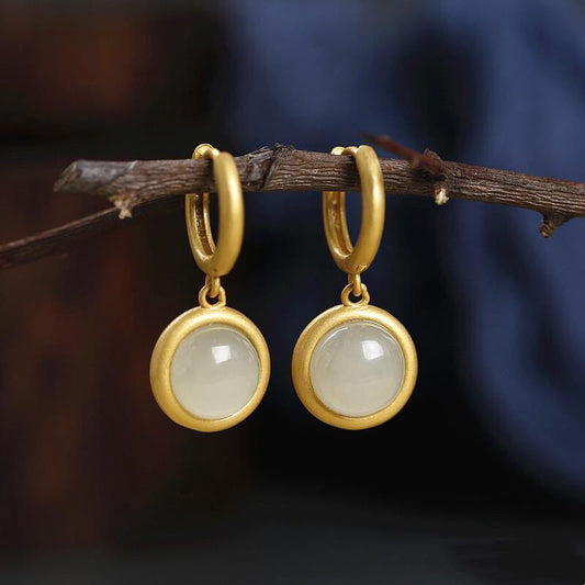 Buddhist Blessing 925 Sterling Silver White Jade Agate Prosperity Earrings