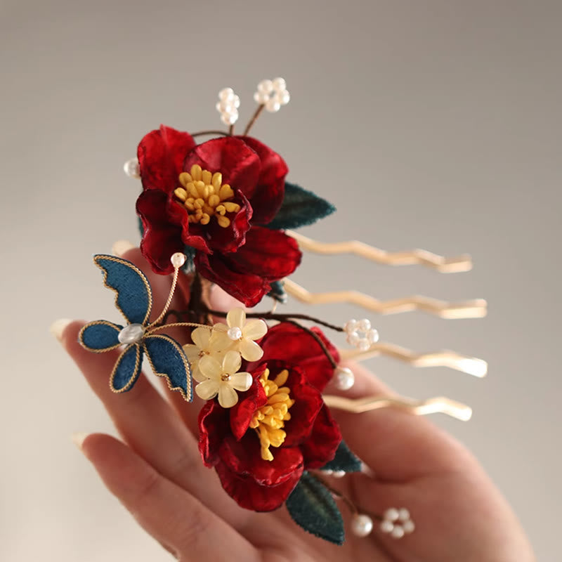 Buddhist Blessing Chinese Style Red Camellia Butterfly Hair Clip Hair Comb Hairpin Barrette Accessory