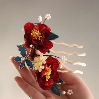 Buddhist Blessing Chinese Style Red Camellia Butterfly Hair Clip Hair Comb Hairpin Barrette Accessory