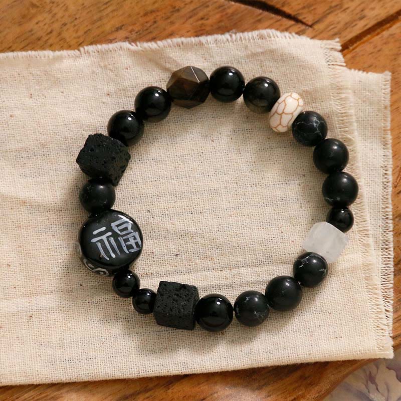 Buddhist Blessing Black Onyx Ceramics Agate Black Glitter Stone Fortune Fu Character Bracelet