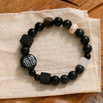 Buddhist Blessing Black Onyx Ceramics Agate Black Glitter Stone Fortune Fu Character Bracelet