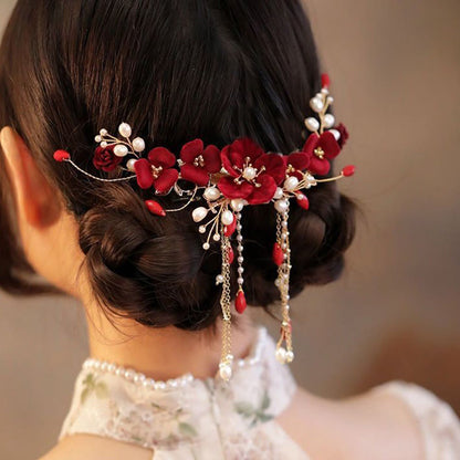 Buddhist Blessing Chinese Oriental Wedding Bridal Red Rose Hair Clip