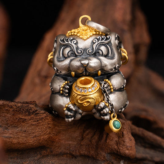 Buddhist Blessing 925 Sterling Silver Tibetan Treasure-spitting Rat Protection Necklace Pendant