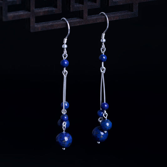 Buddhist Blessing 925 Sterling Silver Lazurite Beads Serenity Drop Earrings