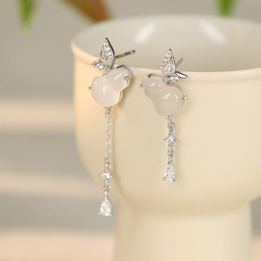 Buddhist Blessing Hetian Jade Magnolia Chalcedony 925 Sterling Silver Butterfly Gourd Luck Earrings