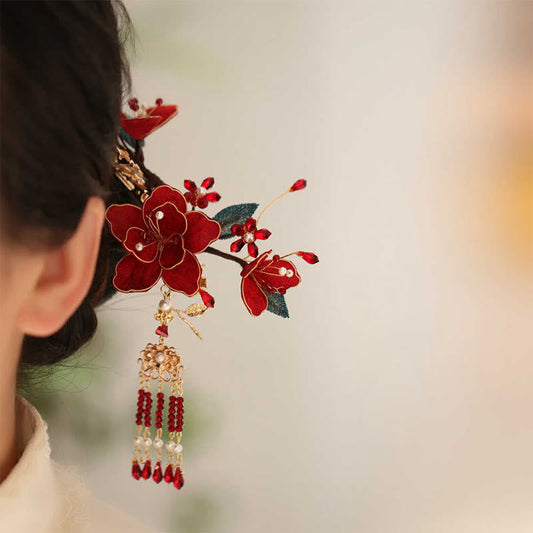 Buddhist Blessing Classical Chinese Style Red Flower Butterfly Tassel Hair Comb Hairpin