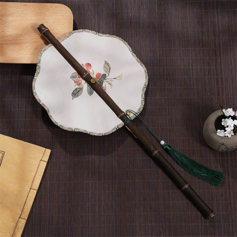 Buddhist Blessing Handmade Cherry Bamboo Leaf Grape Pattern Long Purple Bamboo Handle Portable Curlable Fan