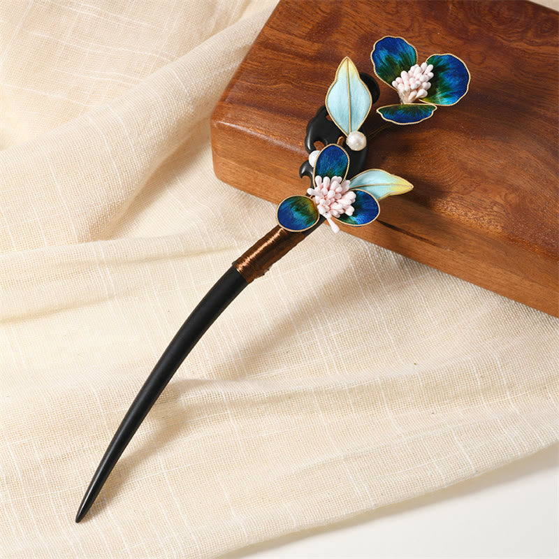 Buddhist Blessing Intangible Cultural Heritage Craft Ebony Wood Silk Flower Butterfly Pearl Blessing Hairpin