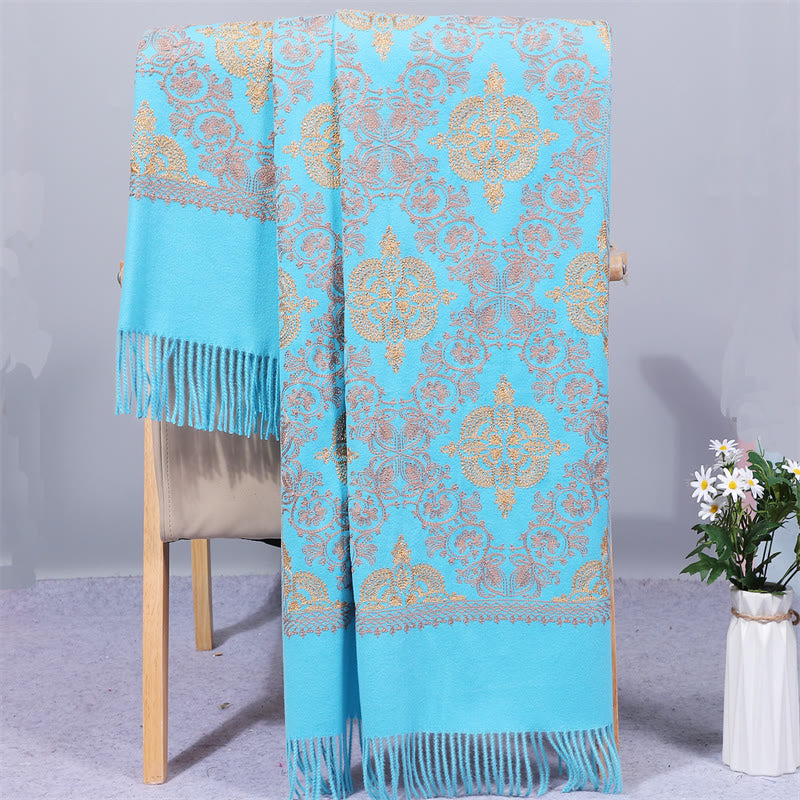 Buddhist Blessing Polyester Shawl Symmetry Gold Filigree Embroidery Tassel Winter Cozy Travel Scarf Wrap