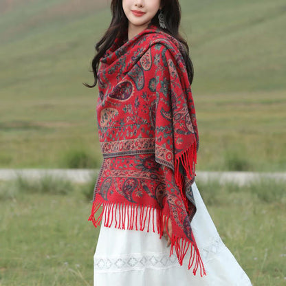 Buddhist Blessing Tibetan Cashew Flowers Leaves Vine Tassels Shawl Fall Winter Soft Cozy Scarf Wrap