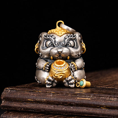 Buddhist Blessing 925 Sterling Silver Tibetan Treasure-spitting Rat Protection Necklace Pendant