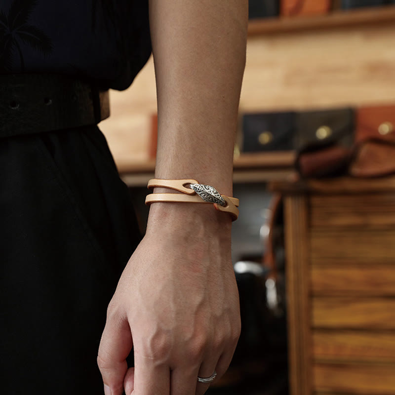 Buddhist Blessing 925 Sterling Silver Leather Multi-turn Protection Bracelet