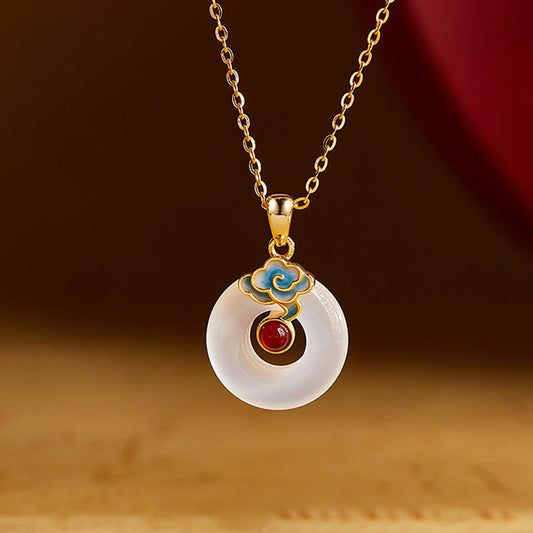 Buddhist Blessing 925 Sterling Silver Peace Buckle Cloud Chalcedony Necklace Harmony Pendant