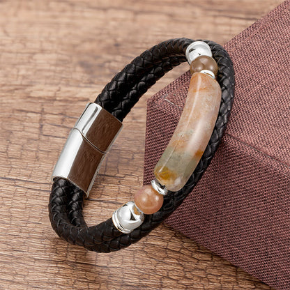 Buddhist Blessing Green Aventurine Tiger Eye Green Agate Black Onyx Hematite Stone Luck Leather Magnetic Buckle Bracelet