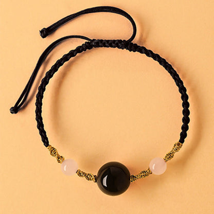 Buddhist Blessing Hetian Jade Black Onyx Red Agate Bead Luck Braided Bracelet