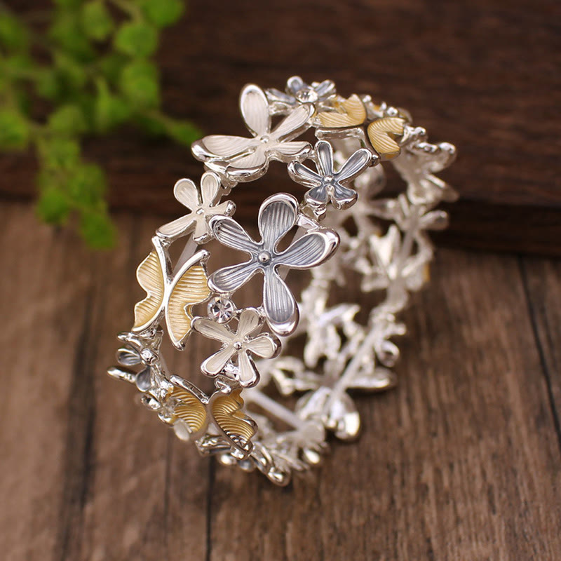 Buddhist Blessing Colorful Butterfly Flowers Love Alloy Elastic Bracelet Bangle