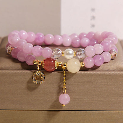 Buddhist Blessing Tourmaline Purple Jade Aquamarine Jade Copper Coin Positive Double Wrap Bracelet