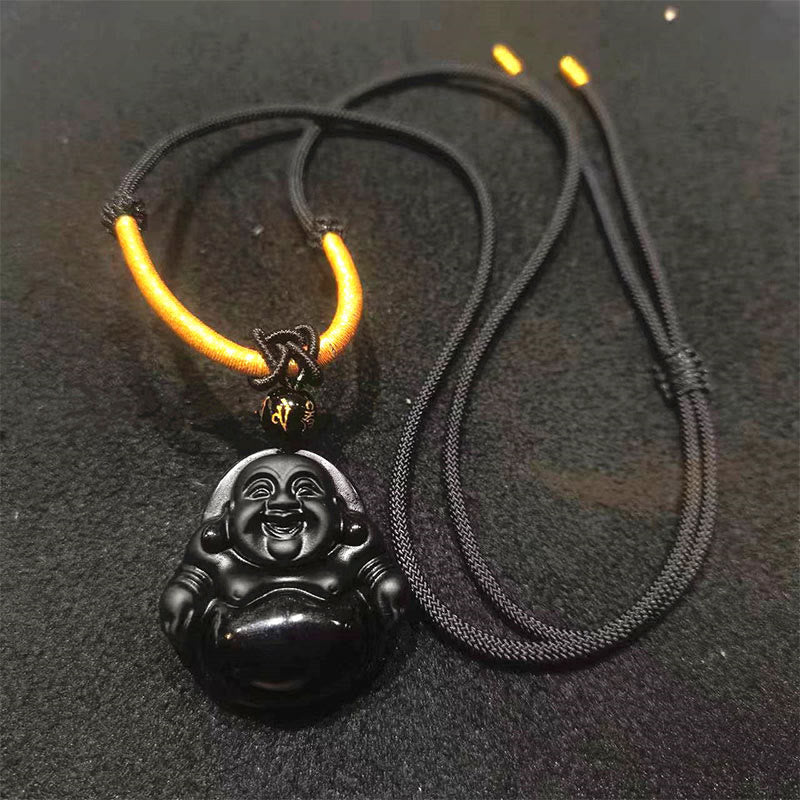 Buddhist Blessing Natural Black Obsidian Ice Obsidian Laughing Buddha Purification Necklace Pendant