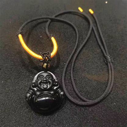 Buddhist Blessing Natural Black Obsidian Ice Obsidian Laughing Buddha Purification Necklace Pendant