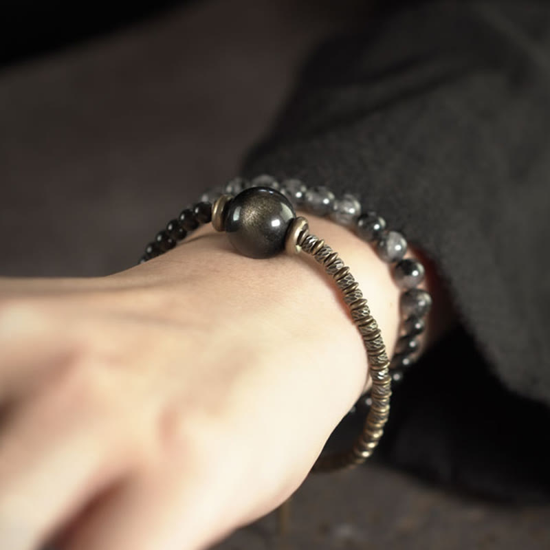 Buddhist Blessing Gold Sheen Obsidian Black Rutilated Quartz Copper Brass Double Wrap Protection Bracelet