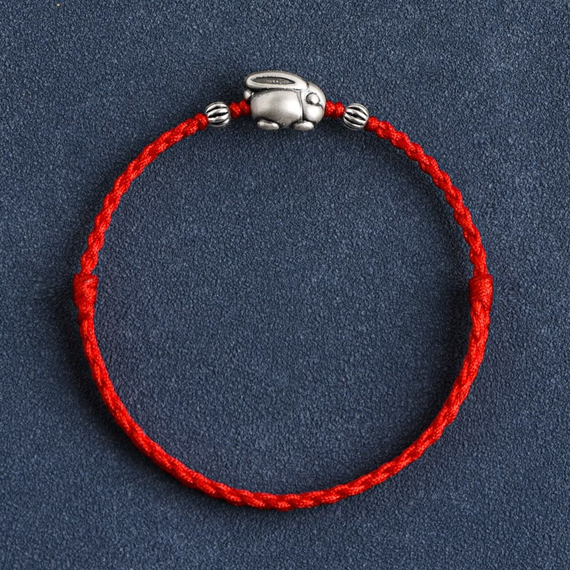 Buddhist Blessing Handmade 999 Sterling Silver Rabbit Luck Rope Bracelet Anklet