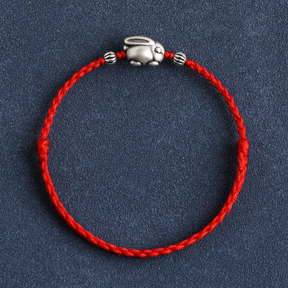 Buddhist Blessing Handmade 999 Sterling Silver Rabbit Luck Rope Bracelet Anklet