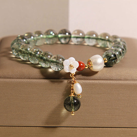 Buddhist Blessing Natural Green Phantom Pearl Shell Flower Positive Bracelet