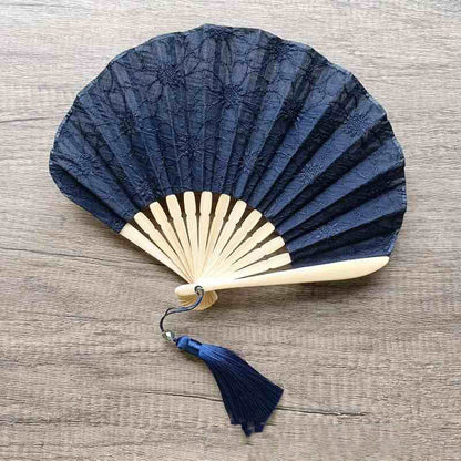 Buddhist Blessing Retro Large Flower Embroidery Shell Shape Tassels Handheld Bamboo Folding Fan
