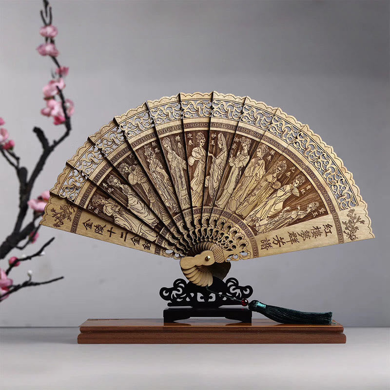 Buddhist Blessing Koi Fish Peony Bird Flower Engraved Hollow Handheld Phoebe Zhennan Wood Folding Fan 22cm