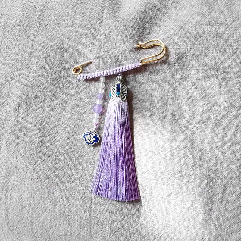 Buddhist Blessing Vintage Chalcedony Beads Tassels Positive Brooch