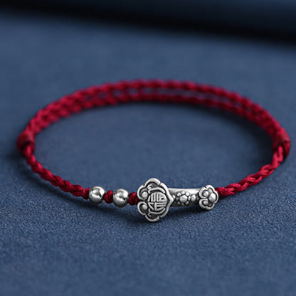 Buddhist Blessing Handmade 999 Sterling Silver Fu Character Wish Ruyi Handle Fortune Rope Bracelet Anklet