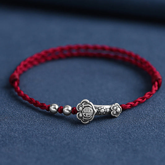 Buddhist Blessing Handmade 999 Sterling Silver Fu Character Wish Ruyi Handle Fortune Rope Bracelet Anklet
