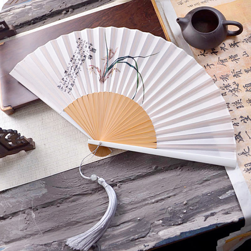 Buddhist Blessing Chinese Characters Ink Painting Lotus Flower Leaf Landscape Handheld Huayao Crepe Polyester Bamboo Folding Fan 23.3cm