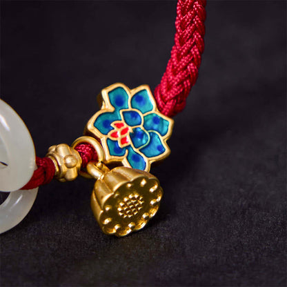 Buddhist Blessing Hetian Jade Lotus Peace Buckle Braided Rope Fortune Bracelet