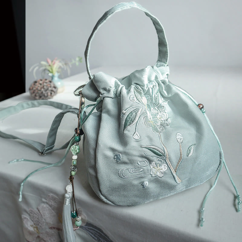 Buddhist Blessing Embroidered Green Flower Blossom Leaves Canvas Tote Crossbody Bag Shoulder Bag Handbag