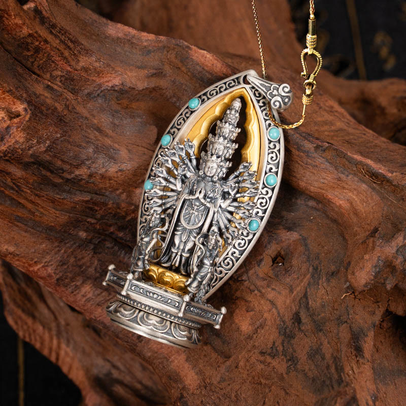 Buddhist Blessing 925 Sterling Silver Thousand-armed Guanyin Kwan Yin Avalokiteśvara Wealth Necklace Pendant
