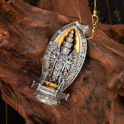 Buddhist Blessing 925 Sterling Silver Thousand-armed Guanyin Kwan Yin Avalokiteśvara Wealth Necklace Pendant