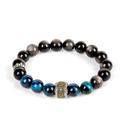 Buddhist Blessing Natural Silver Sheen Obsidian Blue Tiger Eye Om Mani Padme Hum Communication Bracelet