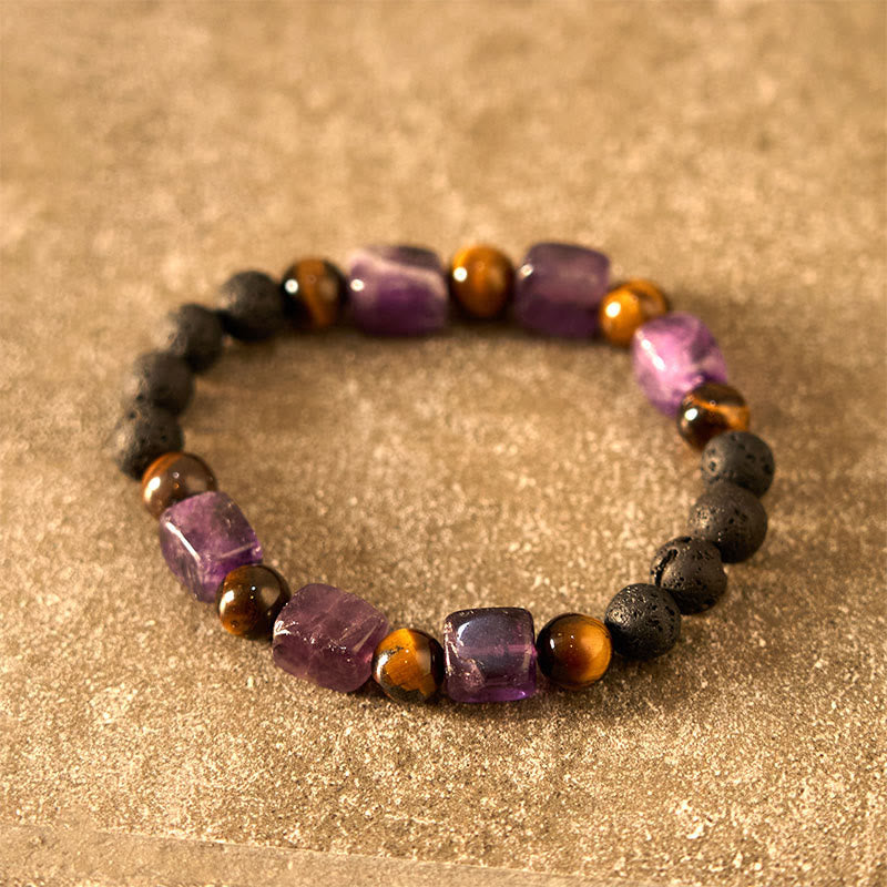 Buddhist Blessing Various Crystals Cube Amethyst Lava Rock Support Bracelet