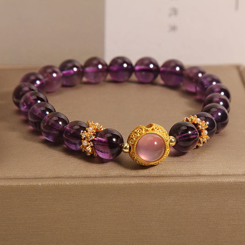 Buddhist Blessing Natural Amethyst Strawberry Quartz Beads Healing Bracelet